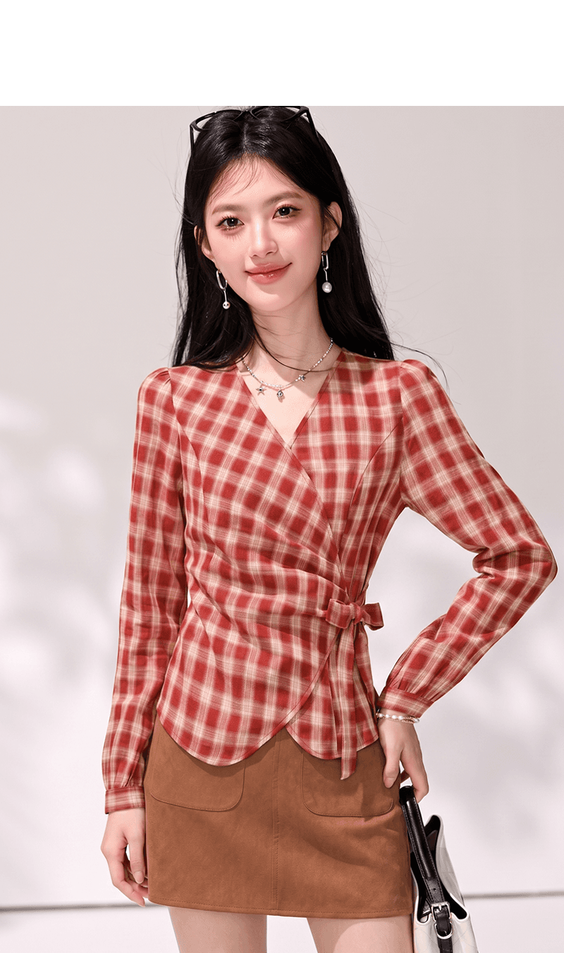 실사 2026 봄 여름 새로운 빨간색 체크무늬 셔츠 V넥 허리 수축 스트랩 셔츠 긴팔 맨위 여성 상세 이미지 5