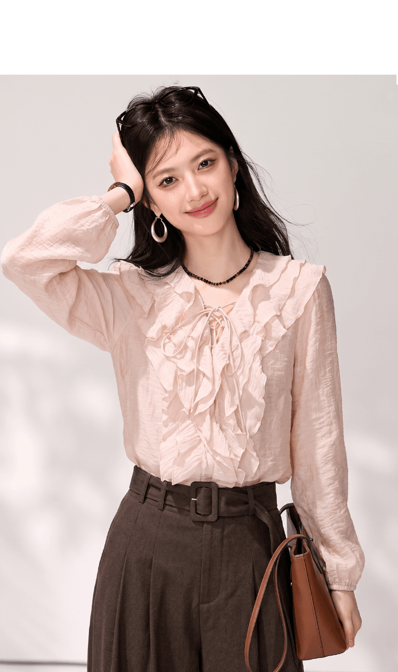 실사 이른 봄 분위기 센스 핑크색 프릴 셔츠 맨위 여성 프랑스식 고급 센스 긴팔 V 넥 셔츠 상세 이미지 2