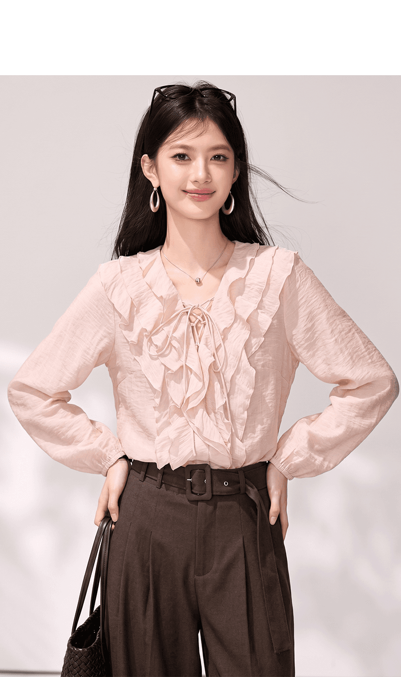 실사 이른 봄 분위기 센스 핑크색 프릴 셔츠 맨위 여성 프랑스식 고급 센스 긴팔 V 넥 셔츠 상세 이미지 4