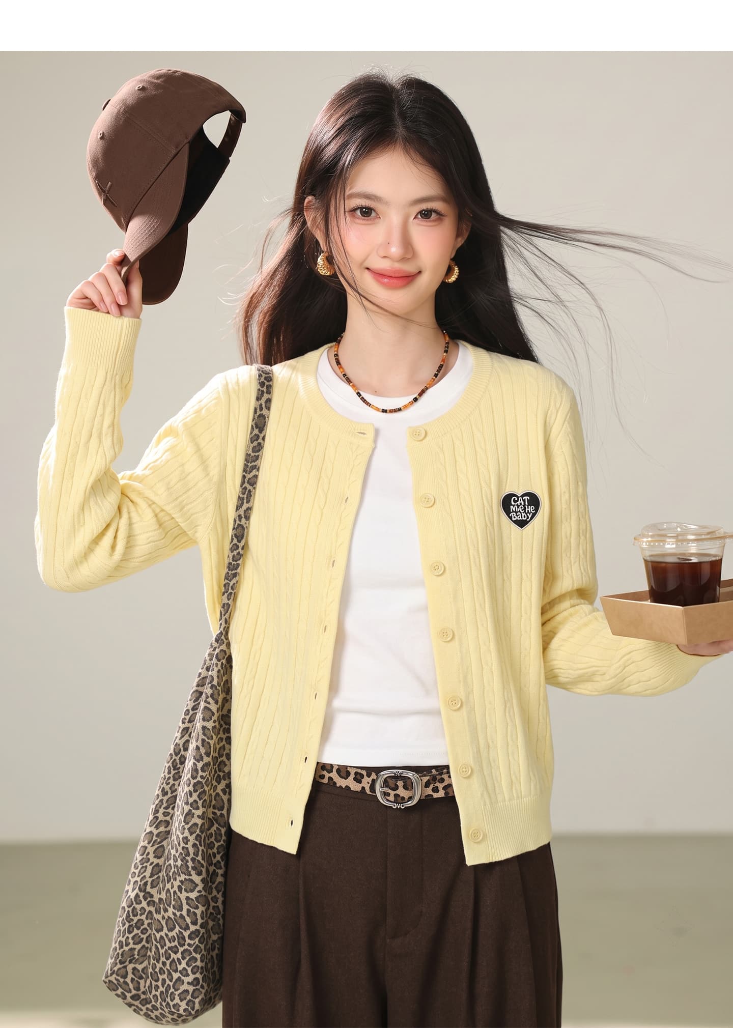 실사 miu 부서 거위 옐로우 하트 자수 꽈배기 스웨터 오픈 가디건 여성 가을 느슨함 센스 다용도 품격 재킷 상세 이미지 6