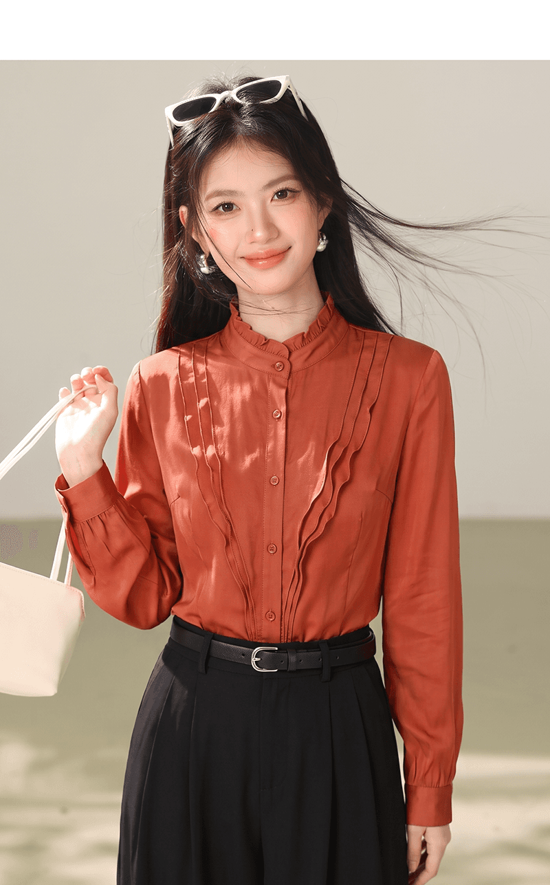 실사 가을 새로운 여성 의류 맨위 경력 출퇴근 스탠드 칼라 프랑스식 쉬폰 셔츠 올해 인기 폭발 셔츠 상세 이미지 4
