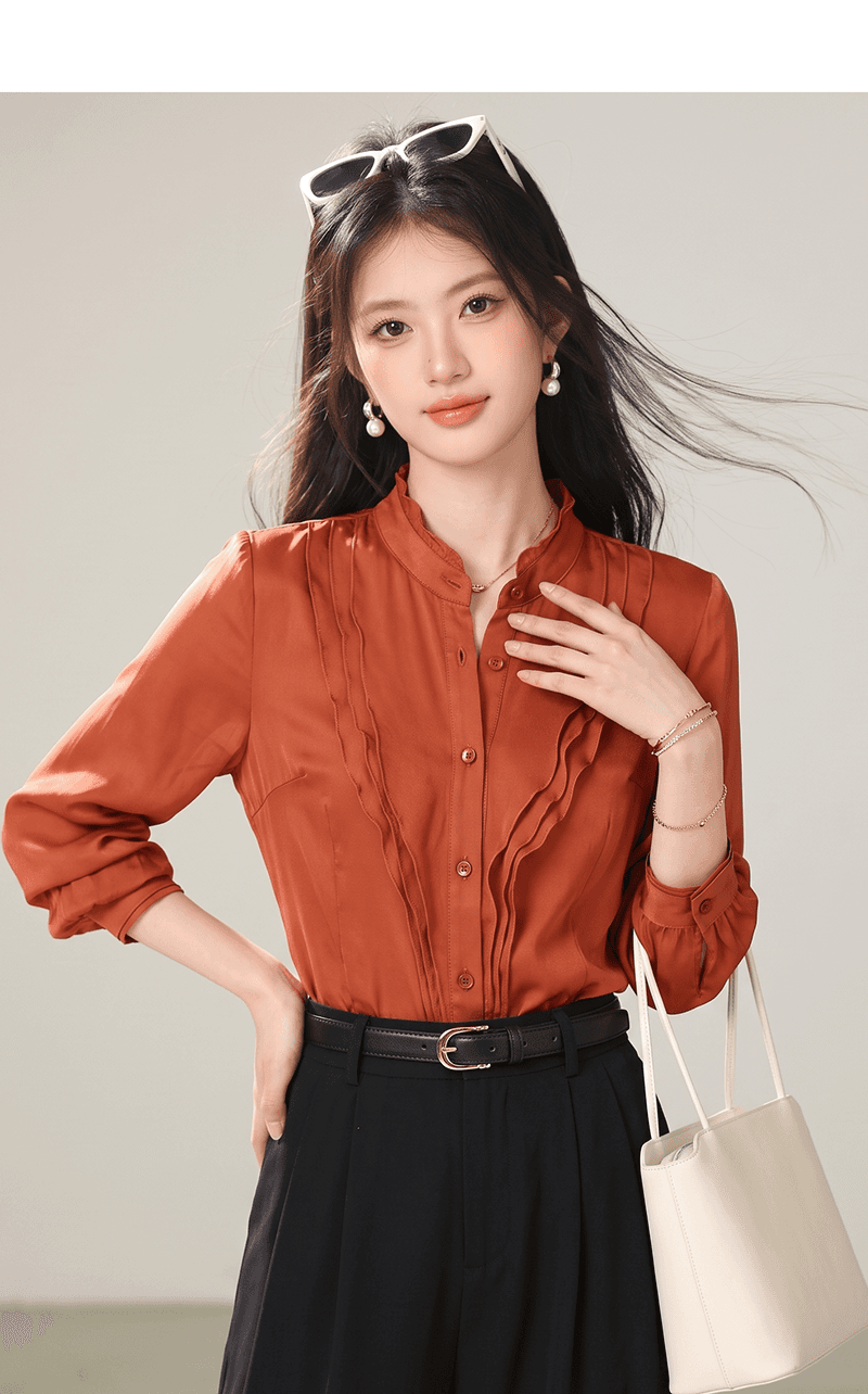 실사 가을 새로운 여성 의류 맨위 경력 출퇴근 스탠드 칼라 프랑스식 쉬폰 셔츠 올해 인기 폭발 셔츠 상세 이미지 6