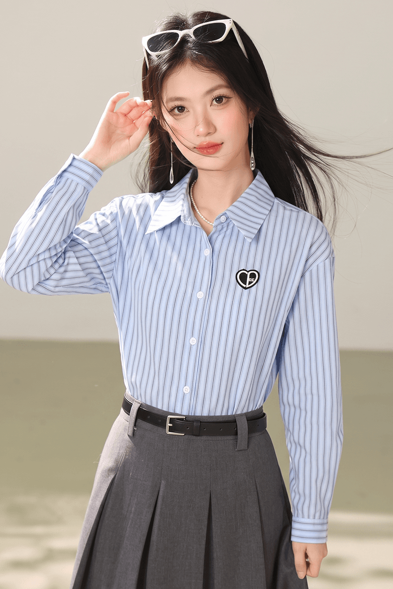 프랑스식 자수 스트라이프 POLO 칼라 긴팔 여성 셔츠 봄 드레스 2026 봄 새로운 다용도 셔츠 여성 작은 셔츠 이미지 4
