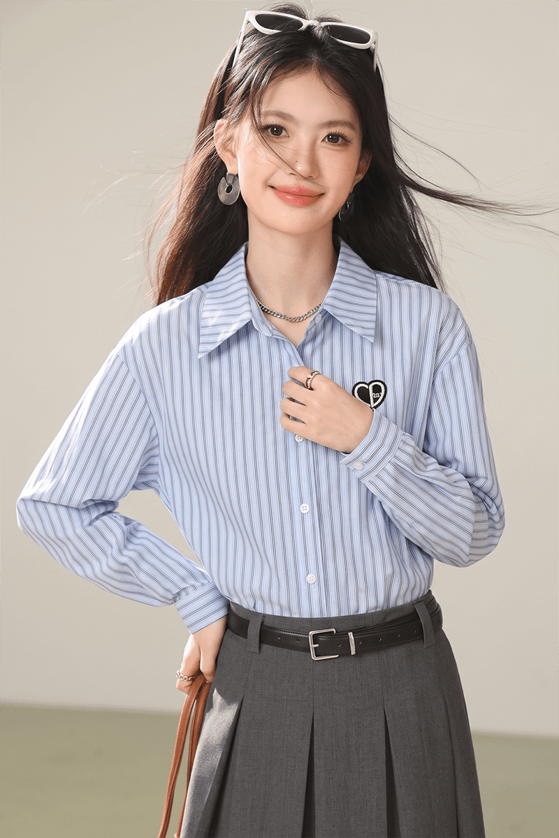 프랑스식 자수 스트라이프 POLO 칼라 긴팔 여성 셔츠 봄 드레스 2026 봄 새로운 다용도 셔츠 여성 작은 셔츠 이미지 5
