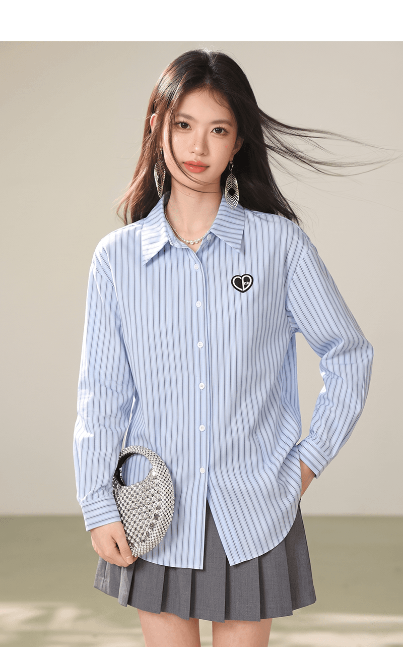 프랑스식 자수 스트라이프 POLO 칼라 긴팔 여성 셔츠 봄 드레스 2026 봄 새로운 다용도 셔츠 여성 작은 셔츠 상세 이미지 2