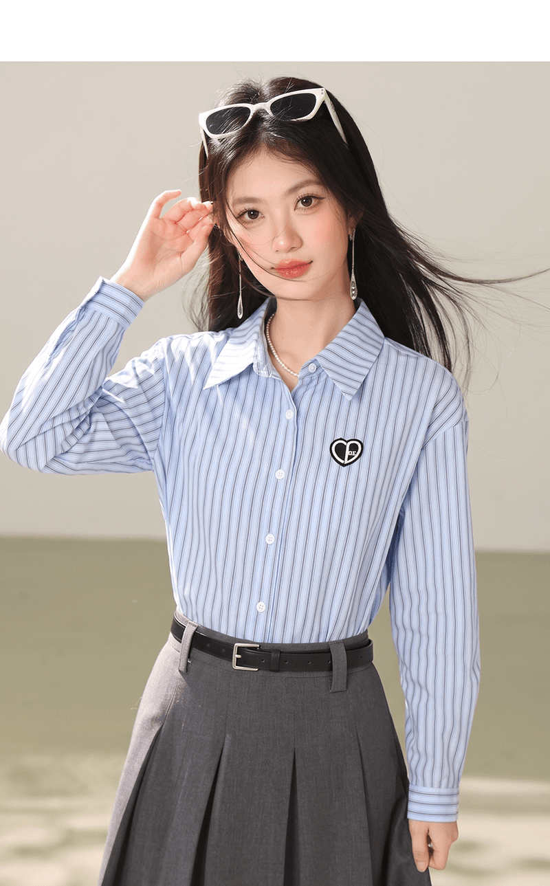 프랑스식 자수 스트라이프 POLO 칼라 긴팔 여성 셔츠 봄 드레스 2026 봄 새로운 다용도 셔츠 여성 작은 셔츠 상세 이미지 3