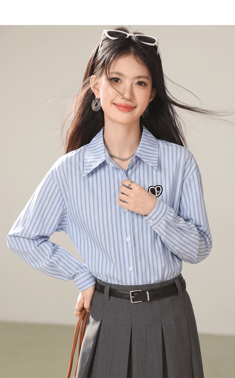 프랑스식 자수 스트라이프 POLO 칼라 긴팔 여성 셔츠 봄 드레스 2026 봄 새로운 다용도 셔츠 여성 작은 셔츠 상세 이미지 4