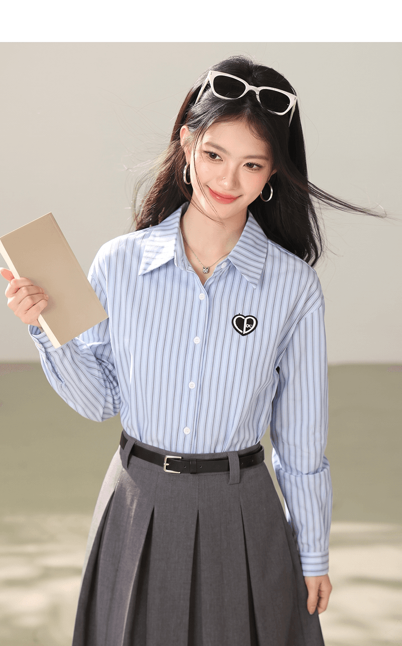 프랑스식 자수 스트라이프 POLO 칼라 긴팔 여성 셔츠 봄 드레스 2026 봄 새로운 다용도 셔츠 여성 작은 셔츠 상세 이미지 5