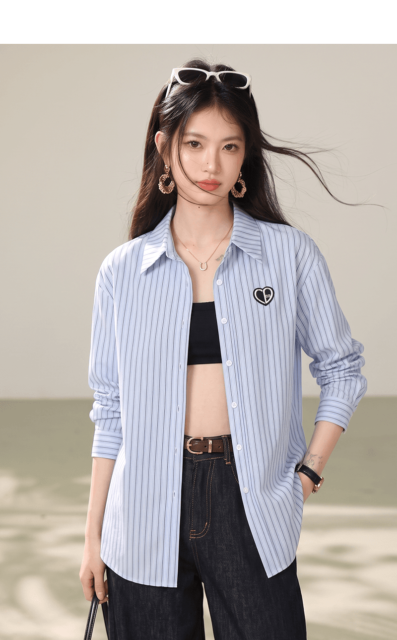 프랑스식 자수 스트라이프 POLO 칼라 긴팔 여성 셔츠 봄 드레스 2026 봄 새로운 다용도 셔츠 여성 작은 셔츠 상세 이미지 6