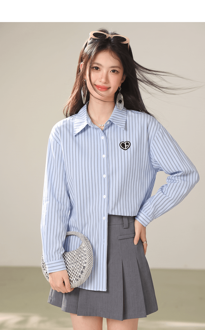 프랑스식 자수 스트라이프 POLO 칼라 긴팔 여성 셔츠 봄 드레스 2026 봄 새로운 다용도 셔츠 여성 작은 셔츠 상세 이미지 7