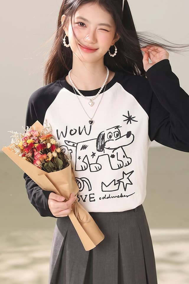 아메리칸 연령 감소 강아지 인쇄 플라워 인서트 어깨 긴팔 티셔츠 여성 가을 한 부서 디자인 센스 느긋한 루즈핏 만나는 맨위 이미지 7