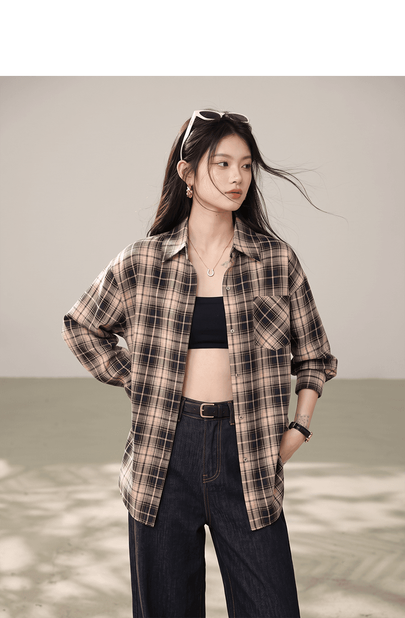 아메리칸 체크무늬 여성 셔츠 2026 가을 새로운 루즈핏 느긋한 바람 캐주얼 셔츠 재킷 상세 이미지 2