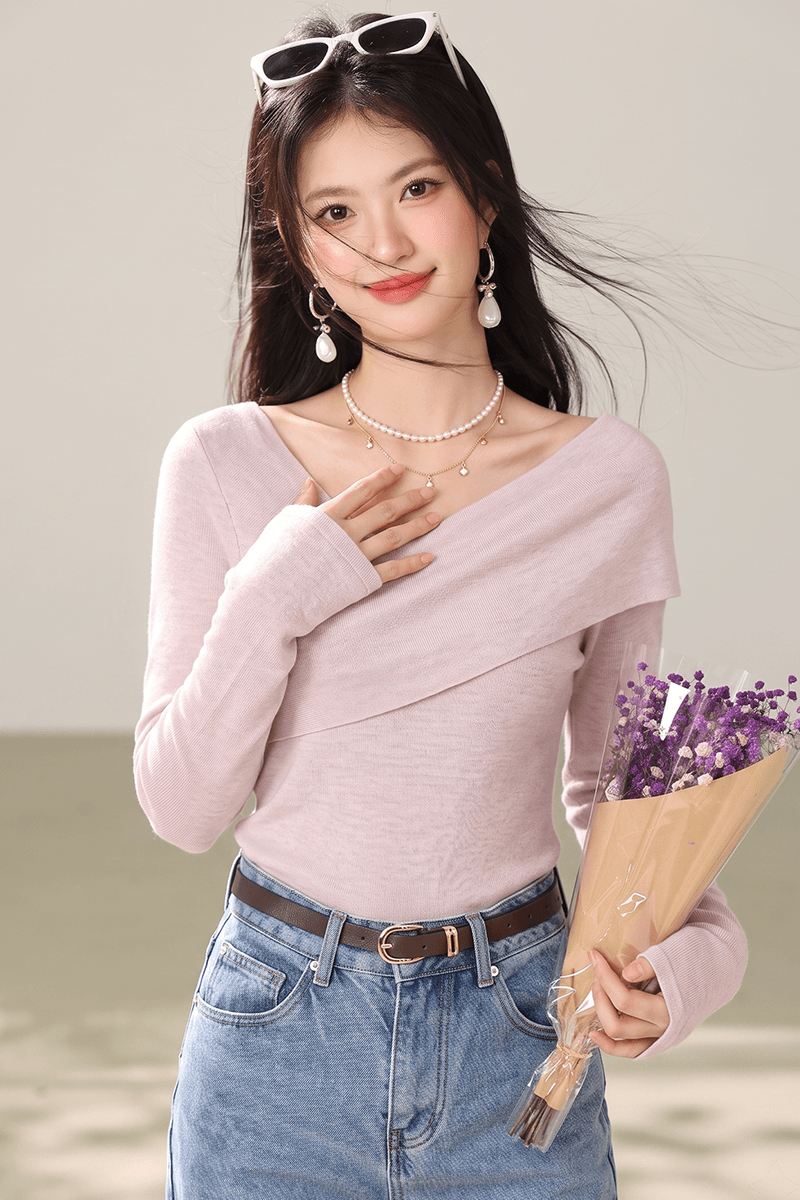 십자가 디자인 센스 비스듬한 칼라 핑크색 니트 스웨터 여성 조기 가을 순수한 욕망 프랑스식 몸매 가꾸기 긴팔 인사이드 가져 가라. 만나는 맨위 이미지 2