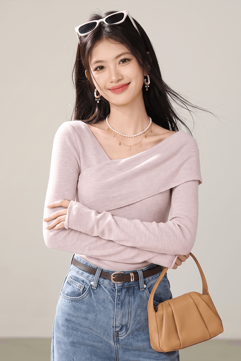 십자가 디자인 센스 비스듬한 칼라 핑크색 니트 스웨터 여성 조기 가을 순수한 욕망 프랑스식 몸매 가꾸기 긴팔 인사이드 가져 가라. 만나는 맨위 이미지 4