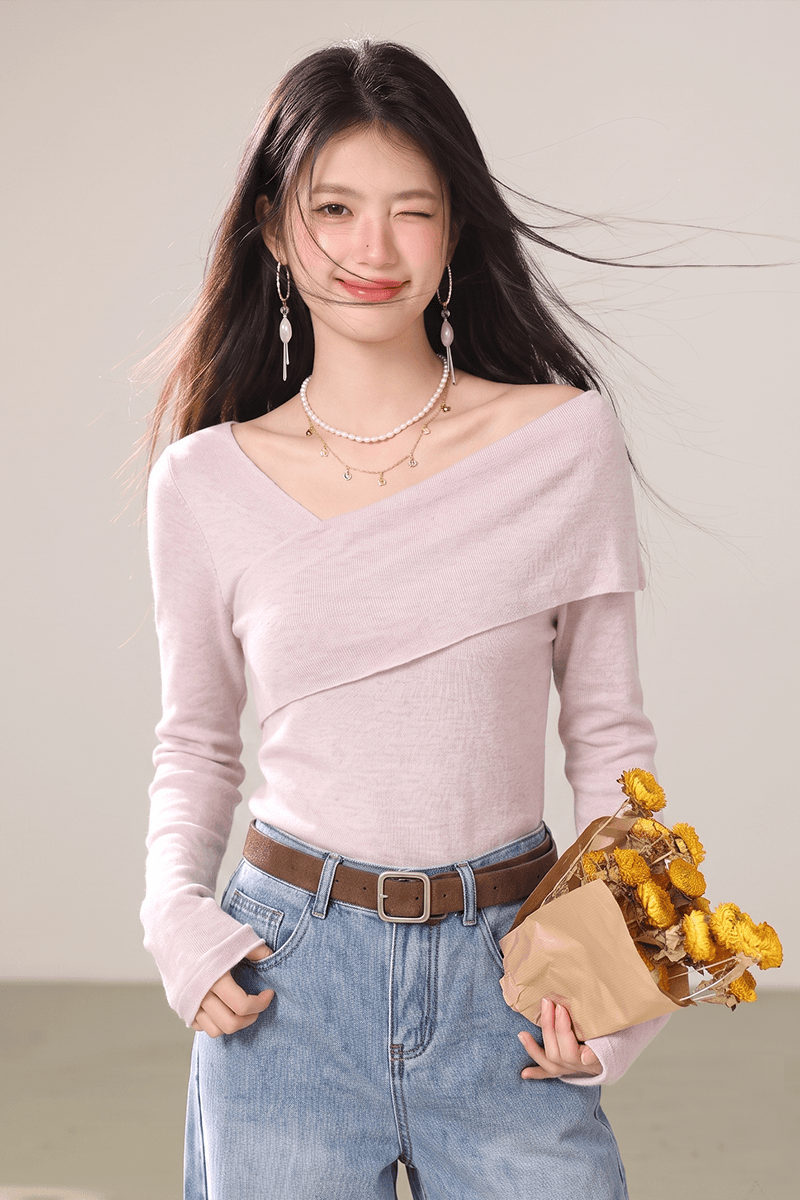 십자가 디자인 센스 비스듬한 칼라 핑크색 니트 스웨터 여성 조기 가을 순수한 욕망 프랑스식 몸매 가꾸기 긴팔 인사이드 가져 가라. 만나는 맨위 이미지 5