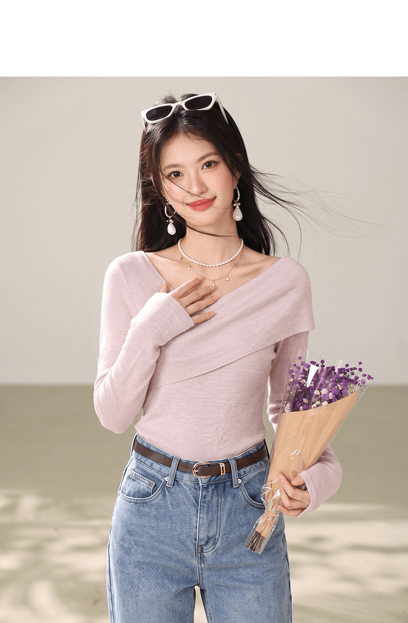 십자가 디자인 센스 비스듬한 칼라 핑크색 니트 스웨터 여성 조기 가을 순수한 욕망 프랑스식 몸매 가꾸기 긴팔 인사이드 가져 가라. 만나는 맨위 상세 이미지 2