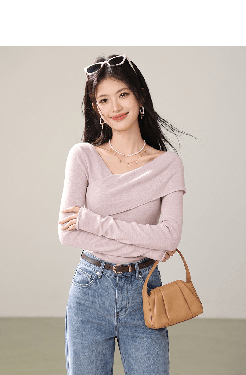 십자가 디자인 센스 비스듬한 칼라 핑크색 니트 스웨터 여성 조기 가을 순수한 욕망 프랑스식 몸매 가꾸기 긴팔 인사이드 가져 가라. 만나는 맨위 상세 이미지 3