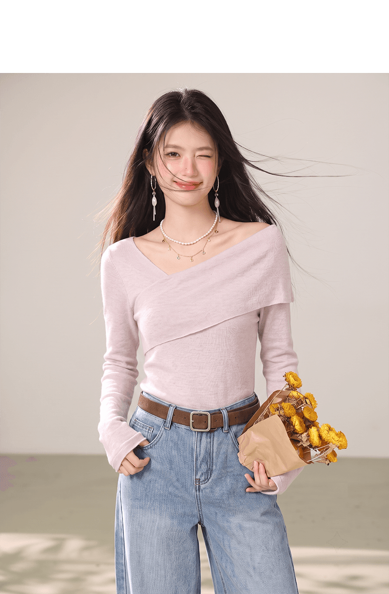 십자가 디자인 센스 비스듬한 칼라 핑크색 니트 스웨터 여성 조기 가을 순수한 욕망 프랑스식 몸매 가꾸기 긴팔 인사이드 가져 가라. 만나는 맨위 상세 이미지 4