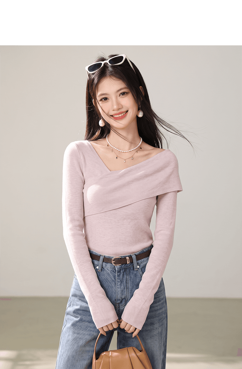 십자가 디자인 센스 비스듬한 칼라 핑크색 니트 스웨터 여성 조기 가을 순수한 욕망 프랑스식 몸매 가꾸기 긴팔 인사이드 가져 가라. 만나는 맨위 상세 이미지 5