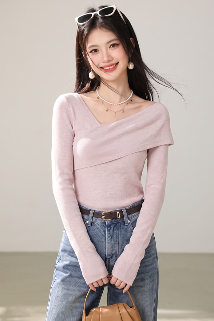 십자가 디자인 센스 비스듬한 칼라 핑크색 니트 스웨터 여성 조기 가을 순수한 욕망 프랑스식 몸매 가꾸기 긴팔 인사이드 가져 가라. 만나는 맨위 이미지 7
