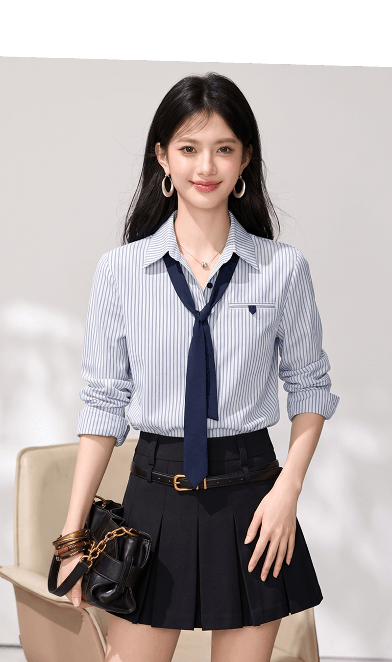 실사 스트라이프 가사 강 주름 길다 플러시 면 탈착식 넥타이 파란색 여성 셔츠 스트라이프 배색 맨위 상세 이미지 3