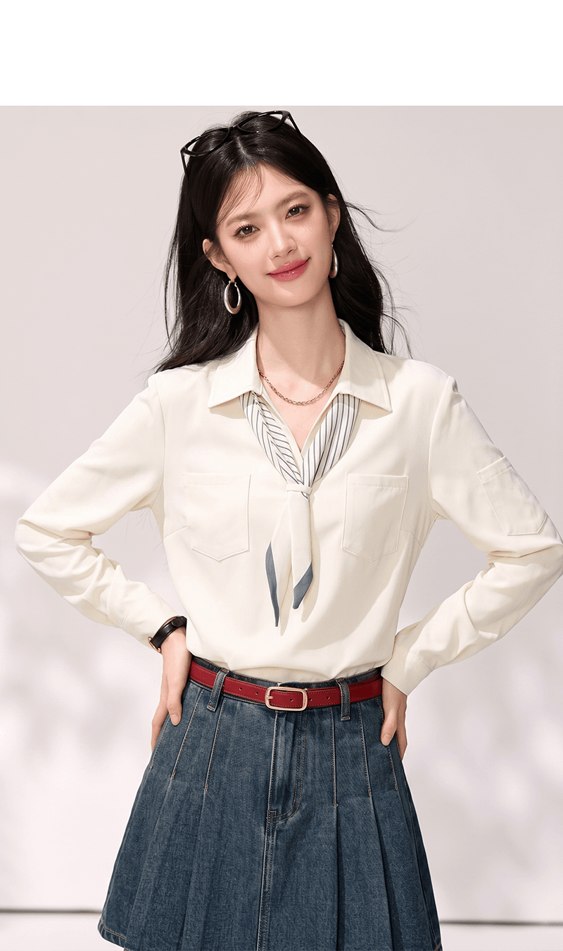 실사 V넥 긴팔 여성 셔츠 가을 2026 새로운 디자인 센스 작은 대중 벨트 나비 넥타이 셔츠 POLO 칼라 맨위 상세 이미지 3