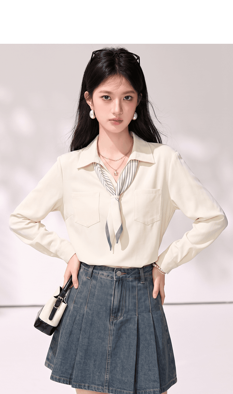 실사 V넥 긴팔 여성 셔츠 가을 2026 새로운 디자인 센스 작은 대중 벨트 나비 넥타이 셔츠 POLO 칼라 맨위 상세 이미지 6