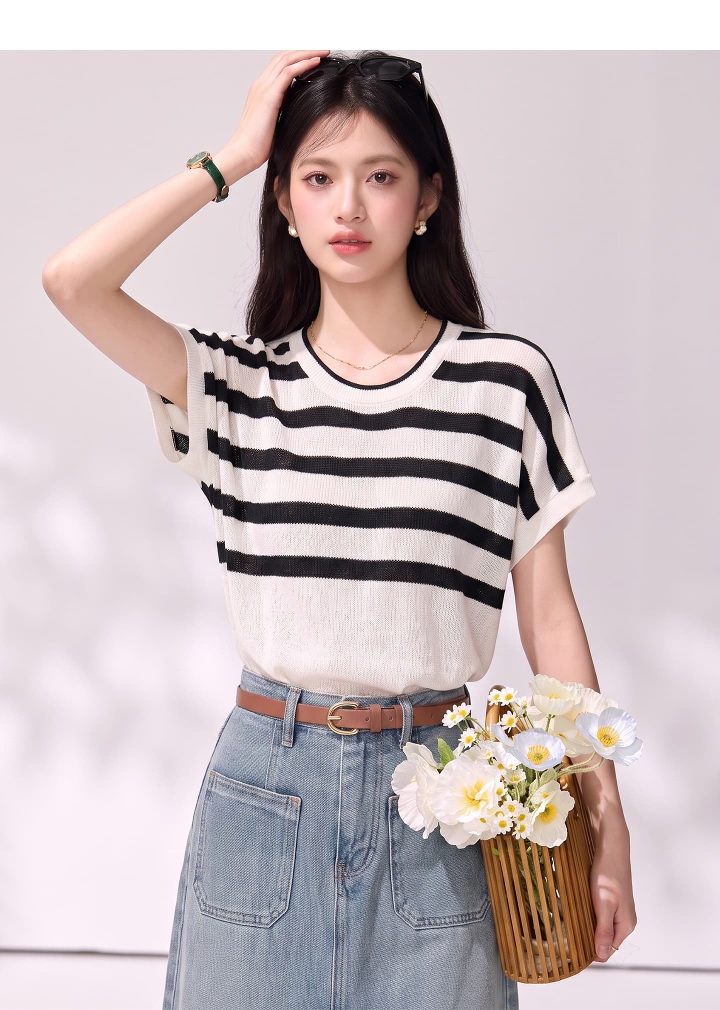 자이언트 숨기기 고기 슬림해 보이는 부드러운 와 도루 센스 날다 소매 디자인 높음 폭탄 스트라이프 니트 스웨터 상세 이미지 5
