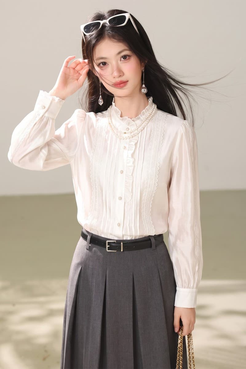 실사 프랑스식 거품 소매 화이트 여성 셔츠 가을 레이스 스탠드 칼라 디자인 센스 작은 대중 장기 Pleat 품격 맨위 이미지 7