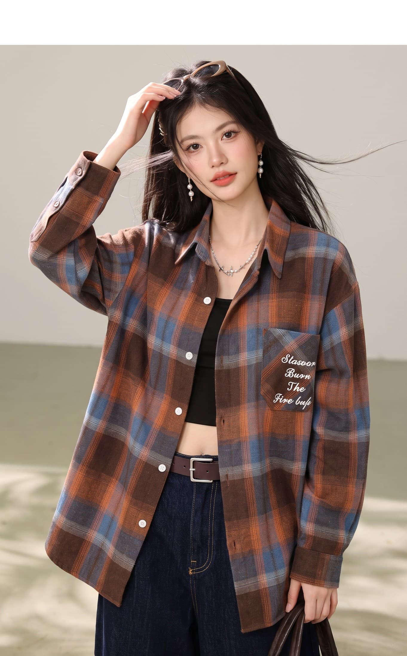 실사 디자인 센스 레트로 항구 바람 긴팔 오픈 가디건 청춘 루즈핏 다용도 배색 얇은 스타일 격자 무늬 셔츠 상세 이미지 2