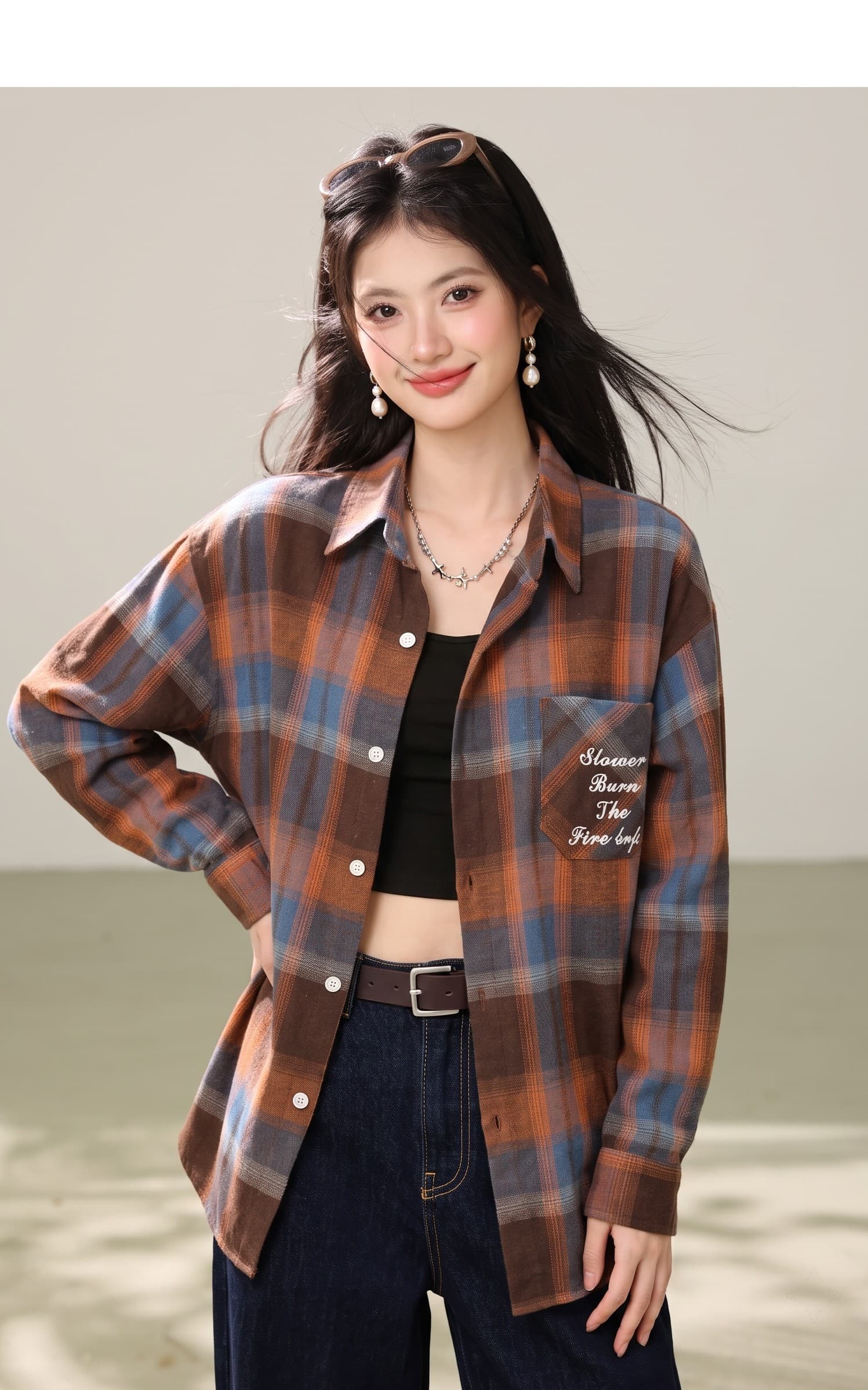실사 디자인 센스 레트로 항구 바람 긴팔 오픈 가디건 청춘 루즈핏 다용도 배색 얇은 스타일 격자 무늬 셔츠 상세 이미지 4