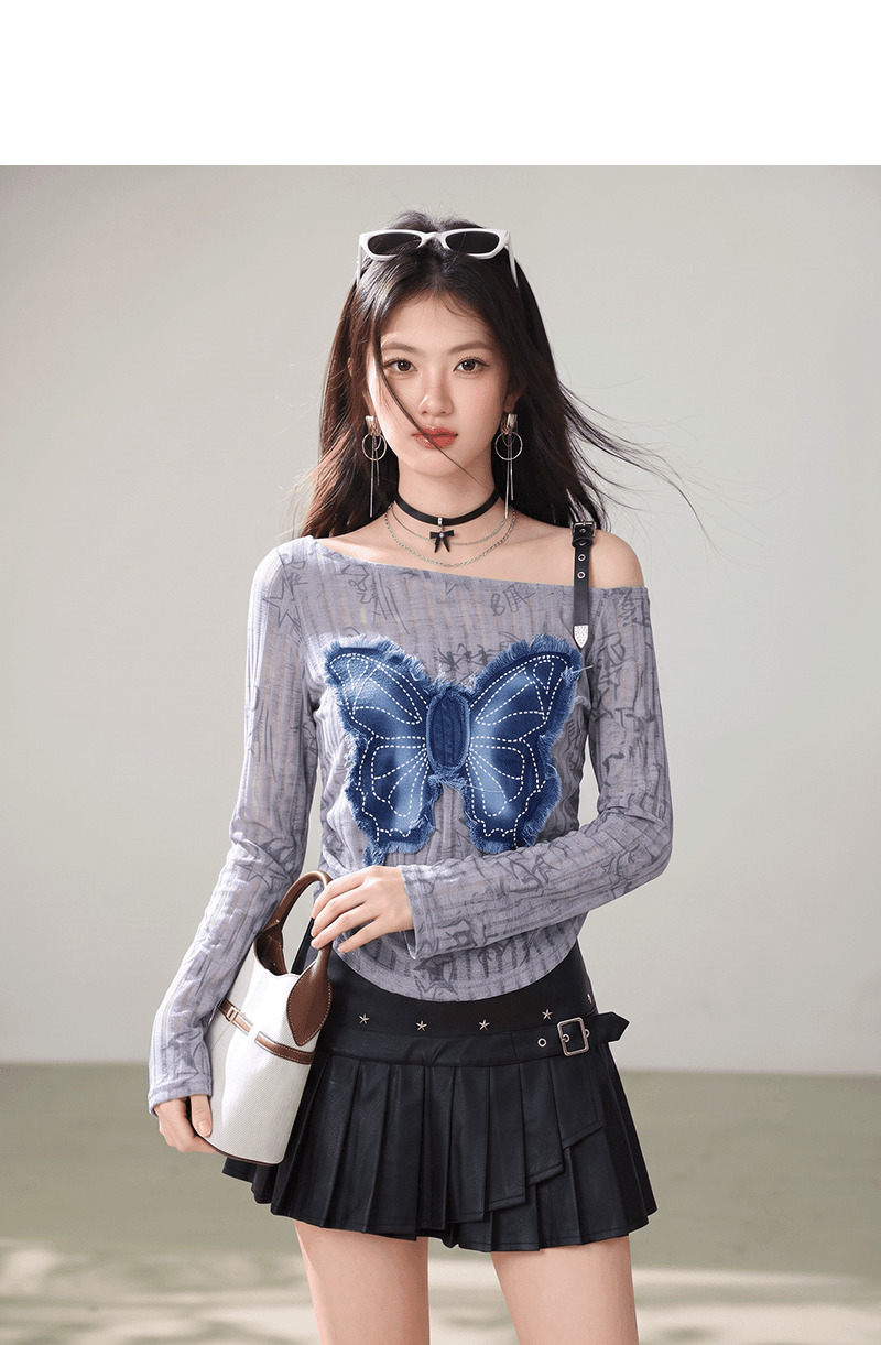 실사 고유 한 Chic 아메리칸 레트로 y2k 핫걸 데님 패치워크 나비 오프숄더 긴팔 맨위 기본 셔츠 상세 이미지 4