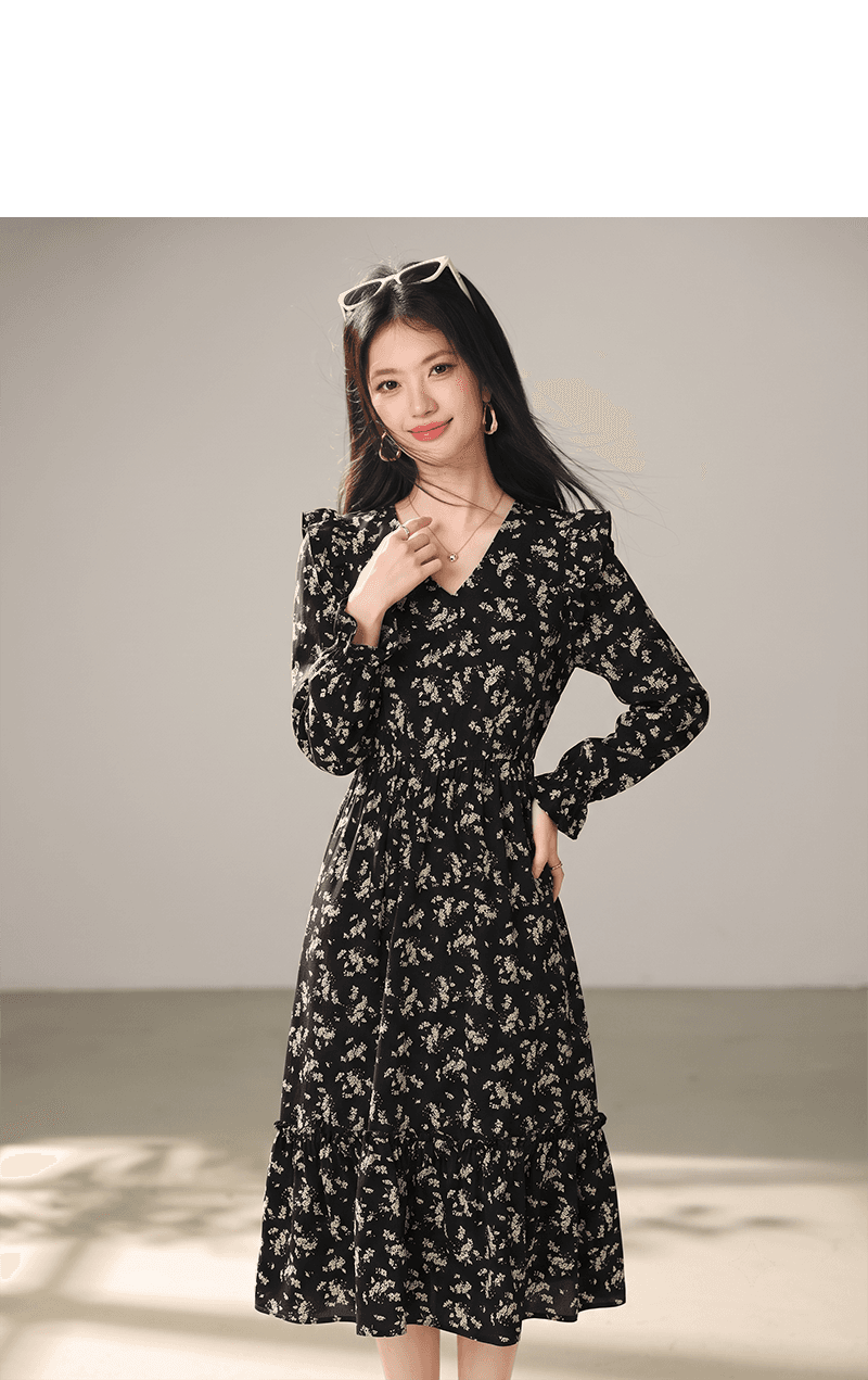 실사 검정색 꽃무늬 쉬폰 점프 슈트 치마 여성 의류 이른 봄 가을 겨울철 2026 새로운 긴팔 프랑스식 품격 상세 이미지 4
