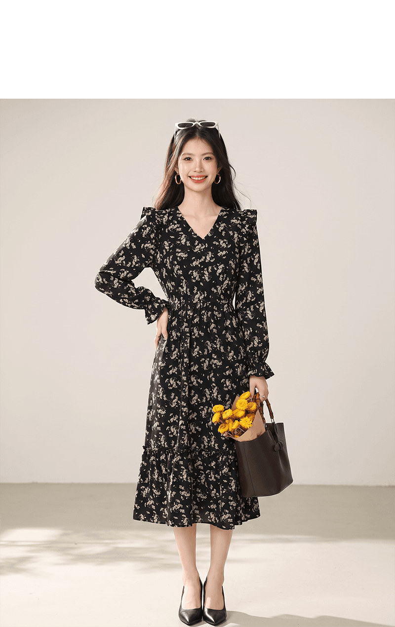 실사 검정색 꽃무늬 쉬폰 점프 슈트 치마 여성 의류 이른 봄 가을 겨울철 2026 새로운 긴팔 프랑스식 품격 상세 이미지 5