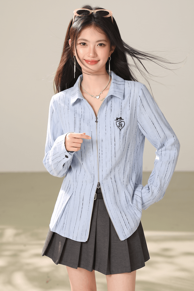 실사 하늘색 더블 머리 지퍼 셔츠 POLO 칼라 거리 바람 루즈핏 디자인 센스 여성 긴 소매 카디건 코트 이미지 2