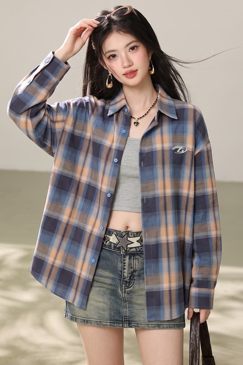 실사 2026 새로운 긴팔 여성 셔츠 체크무늬 레트로 배색 알파벳 프린트 폴로 칼라 다용도 캐주얼 맨위 이미지 7