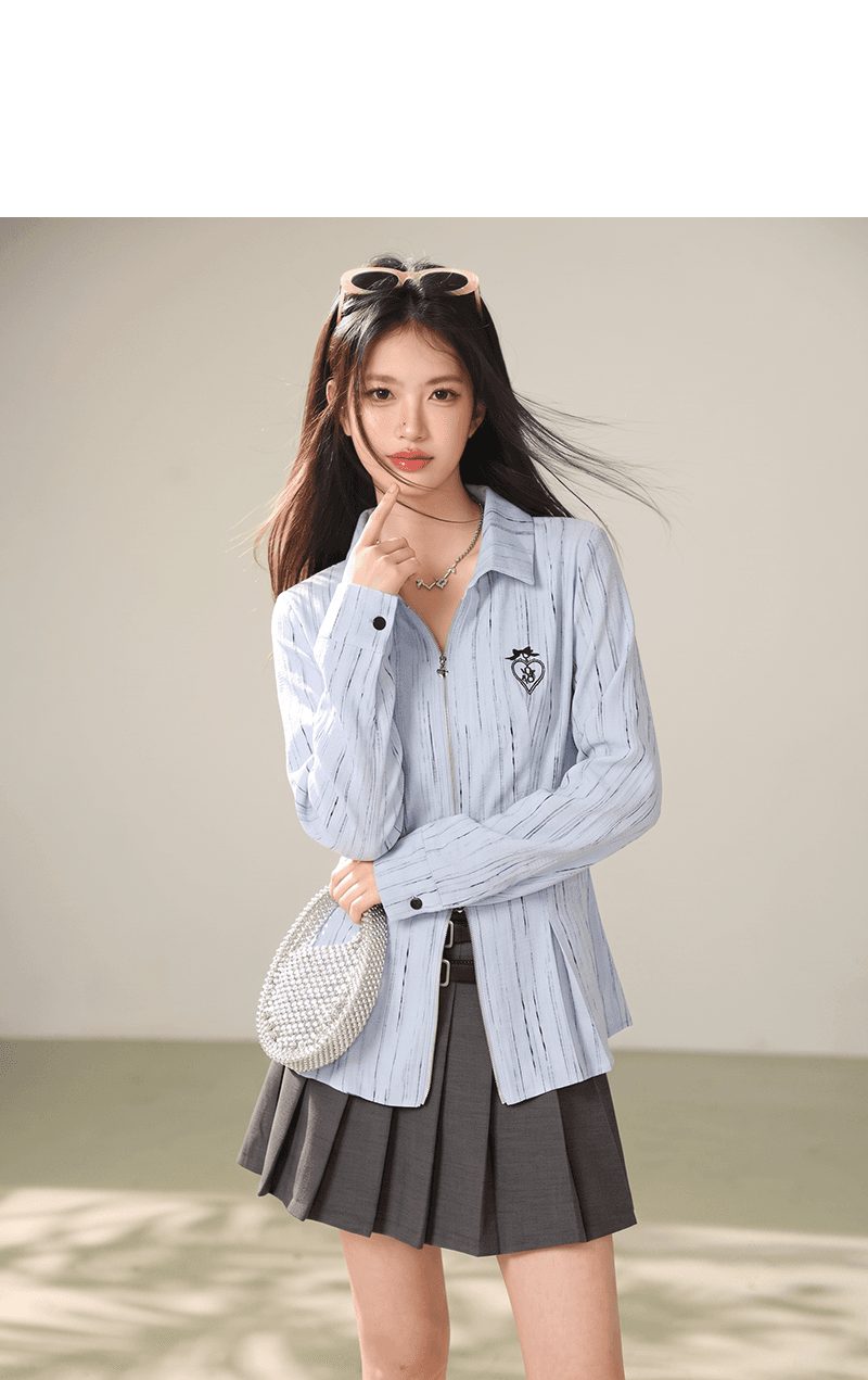실사 하늘색 더블 머리 지퍼 셔츠 POLO 칼라 거리 바람 루즈핏 디자인 센스 여성 긴 소매 카디건 코트 상세 이미지 2