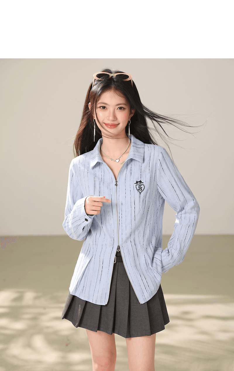 실사 하늘색 더블 머리 지퍼 셔츠 POLO 칼라 거리 바람 루즈핏 디자인 센스 여성 긴 소매 카디건 코트 상세 이미지 4