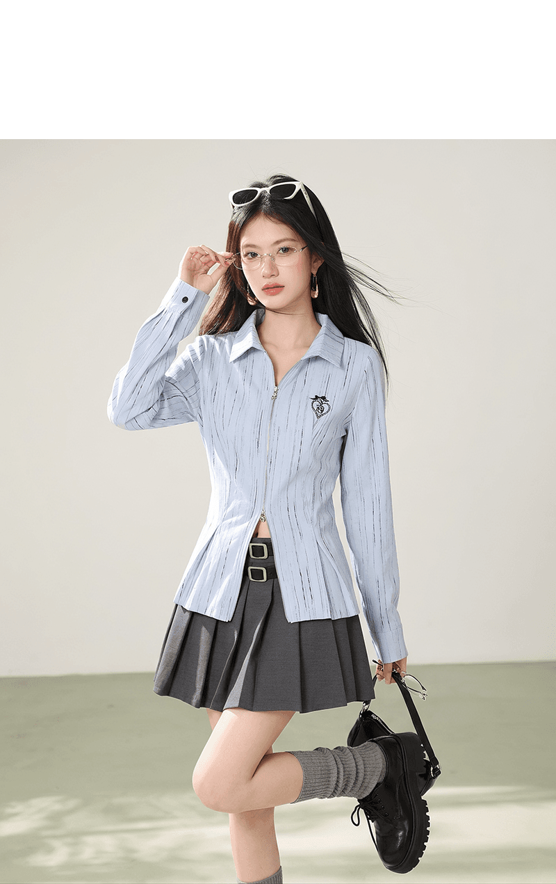 실사 하늘색 더블 머리 지퍼 셔츠 POLO 칼라 거리 바람 루즈핏 디자인 센스 여성 긴 소매 카디건 코트 상세 이미지 7