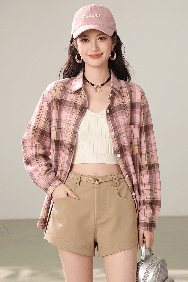 실사 항구 바람 ins 핑크색 체크무늬 여성 셔츠 루즈핏 디자인 센스 오픈 가디건 캐주얼 루즈핏 긴팔 맨위 이미지 4