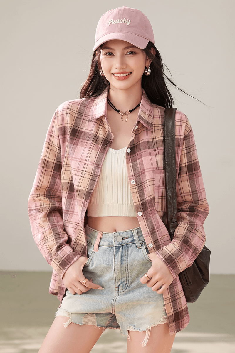 실사 항구 바람 ins 핑크색 체크무늬 여성 셔츠 루즈핏 디자인 센스 오픈 가디건 캐주얼 루즈핏 긴팔 맨위 이미지 5