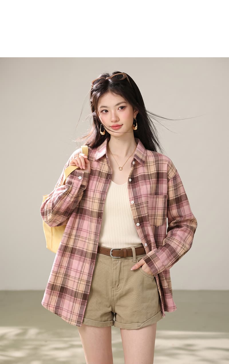 실사 항구 바람 ins 핑크색 체크무늬 여성 셔츠 루즈핏 디자인 센스 오픈 가디건 캐주얼 루즈핏 긴팔 맨위 상세 이미지 2