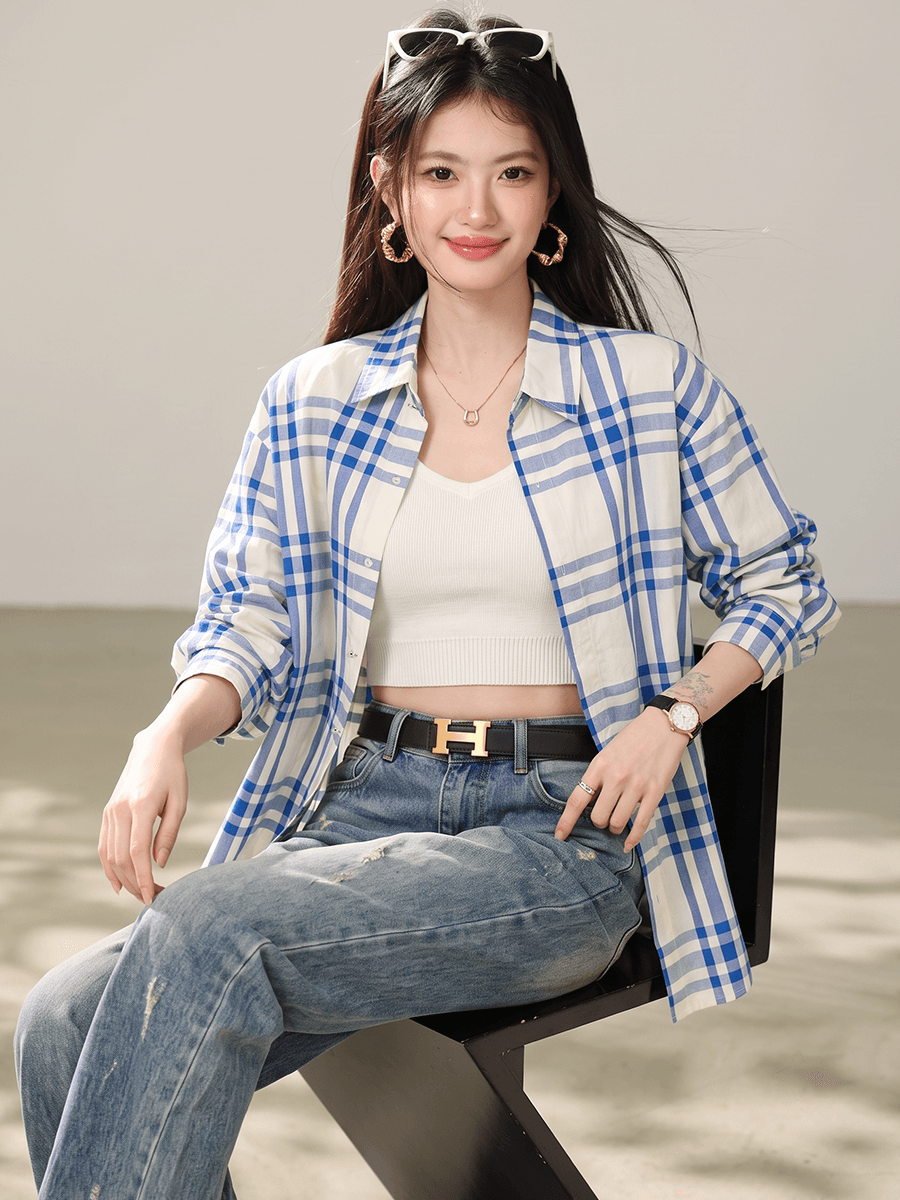 실사 titi 아름다운 소녀 순수한 욕망 미니멀리즘 블루 화이트 체크무늬 단추 긴팔 셔츠 루즈핏 캐주얼 연령 감소 맨위 이미지 5