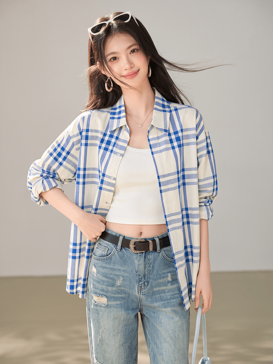 실사 titi 아름다운 소녀 순수한 욕망 미니멀리즘 블루 화이트 체크무늬 단추 긴팔 셔츠 루즈핏 캐주얼 연령 감소 맨위 상세 이미지 1