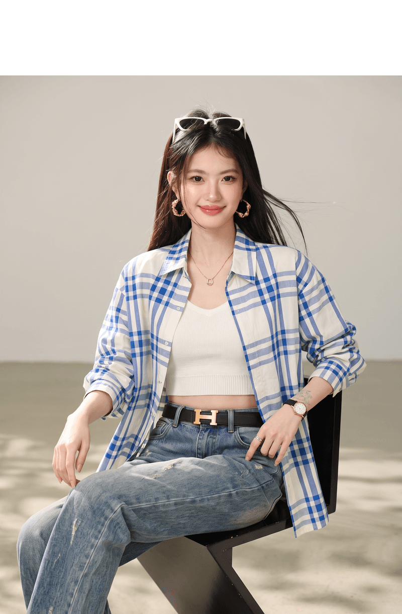 실사 titi 아름다운 소녀 순수한 욕망 미니멀리즘 블루 화이트 체크무늬 단추 긴팔 셔츠 루즈핏 캐주얼 연령 감소 맨위 상세 이미지 3