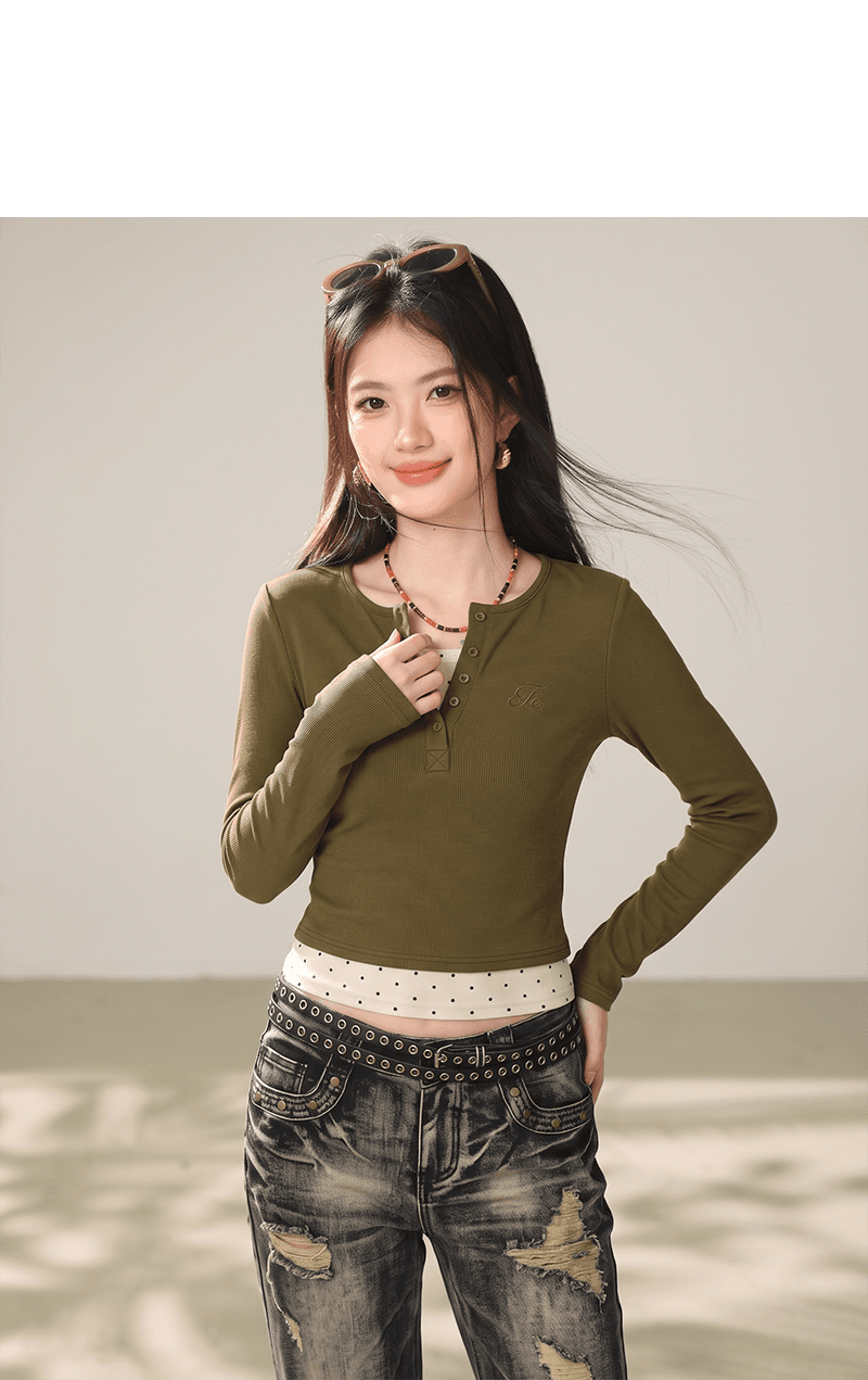 실사 도트 무늬 페이크 레이어드 긴팔 티셔츠 아메리칸 레트로 핫걸 긍정적 인 어깨 몸매 가꾸기 슬림해 보이는 맨위 기본 셔츠 상세 이미지 4