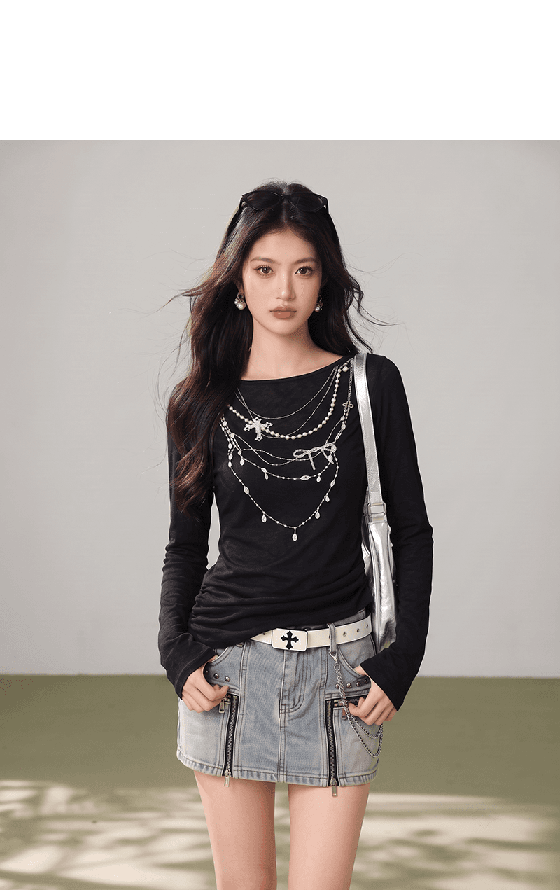 실사 아메리칸 레트로 디자인 센스 검정색 루즈핏 블라우스 진주 패턴 긴팔 티셔츠 여성 봄 새로운 상세 이미지 2