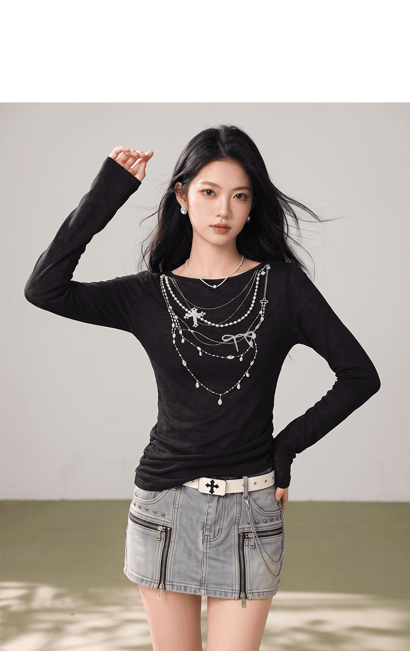 실사 아메리칸 레트로 디자인 센스 검정색 루즈핏 블라우스 진주 패턴 긴팔 티셔츠 여성 봄 새로운 상세 이미지 3