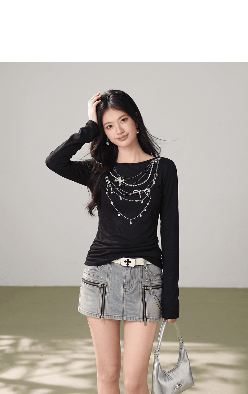 실사 아메리칸 레트로 디자인 센스 검정색 루즈핏 블라우스 진주 패턴 긴팔 티셔츠 여성 봄 새로운 상세 이미지 6