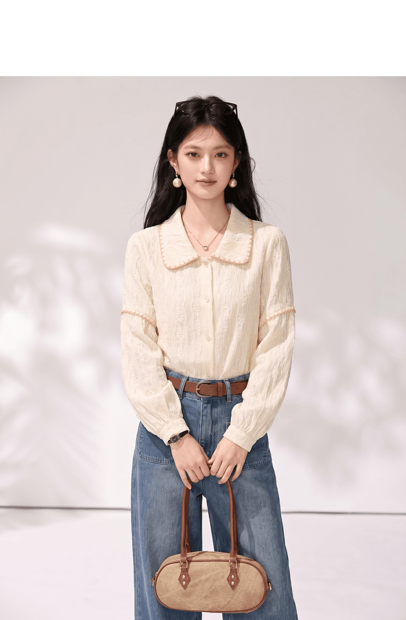 실사 배색 질감 센스 패치워크 폴로 칼라 긴팔 여성 셔츠 가을 새로운 루즈핏 다용도 긴팔 맨위 상세 이미지 3